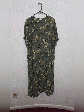 Woman Within Olive Green Floral V-Neck Dress